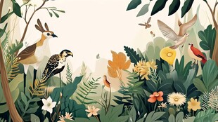 丛林中的多彩鸟类与花卉