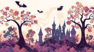 奇幻万圣夜城堡与蝙蝠景观