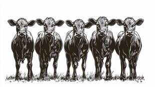 五头牛的黑白插画