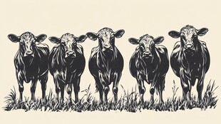一排站立的牛群黑白插画