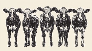 五头站立牛的黑白插画