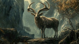 奇幻山林中的长角神秘山羊