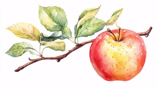 水彩绘苹果与枝叶