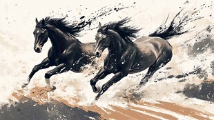 双马奔腾水墨风艺术图