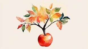 水彩绘苹果树枝艺术画