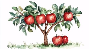 水彩绘苹果树与红苹果