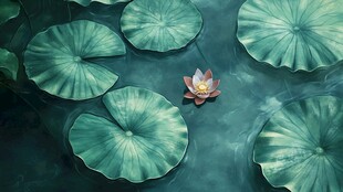 荷塘中的独绽荷花与莲叶