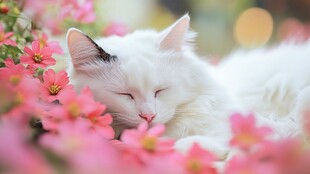 白猫眠于繁花间