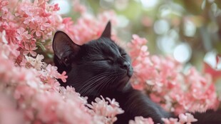 黑猫憩于繁花间