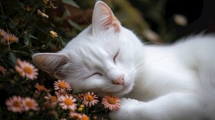 白猫卧花中恬静小憩