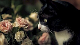 黑白猫咪嗅闻娇艳玫瑰
