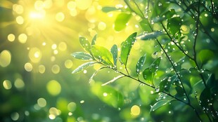 清晨阳光下带露珠的绿叶