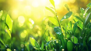 阳光照耀下的翠绿带露青草