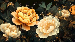 金黄牡丹绽放绿意背景中