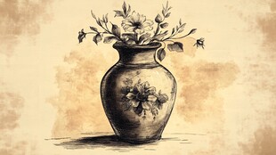 手绘花瓶插着精致花卉