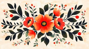 手绘橙花绿叶装饰图案