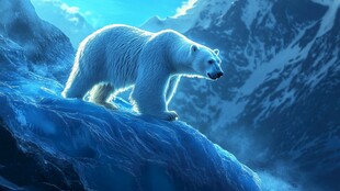 北极白熊傲立冰雪山间