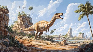 史前恐龙在奇幻地貌中漫步