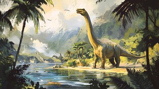 恐龙漫步于热带丛林湖畔