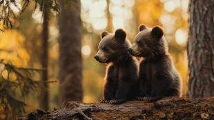 森林中依偎的两只小熊