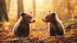 秋日林间的小熊亲密对视