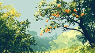 橙树繁茂的清新田园景致