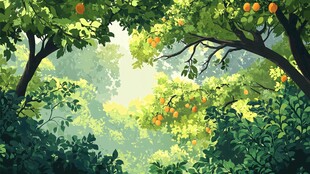 阳光照耀下的柑橘繁茂树林