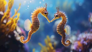 两海马亲昵相伴海底景