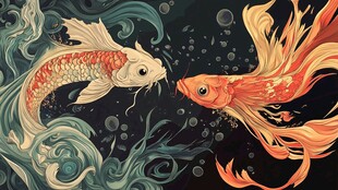 锦鲤金鱼水中对望画面