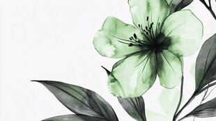 水墨风绿花叶片插画