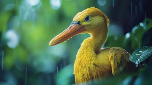 雨中黄鸟栖于翠绿枝叶间