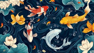 锦鲤游弋于荷塘间插画