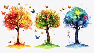 多彩树木与飞舞蝴蝶插画