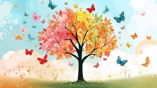 梦幻彩树与缤纷蝴蝶之景