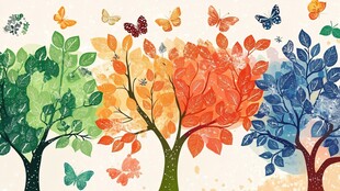 四季树木与飞舞蝴蝶图景