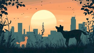 城市黄昏下的小鹿与自然