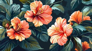 橙艳扶桑花叶繁茂图景