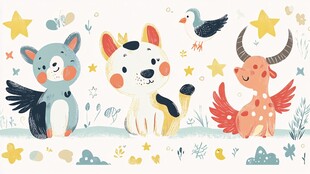 可爱动物梦幻插画