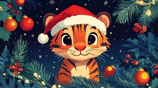 戴圣诞帽的可爱小老虎
