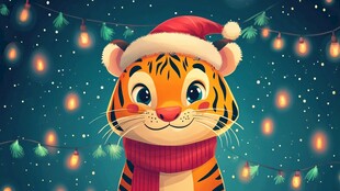 圣诞小虎戴帽挂彩灯