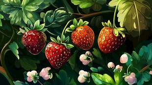 草莓生长于繁茂绿叶间