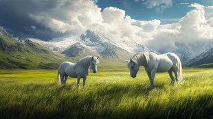 草原上的两匹优雅白马