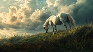 草原上的白马悠然觅食