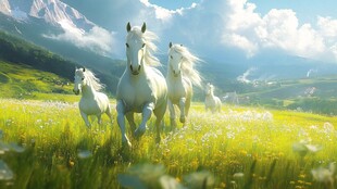 草原上的白马群奔腾景象