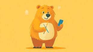 可爱棕熊手持手机与铅笔