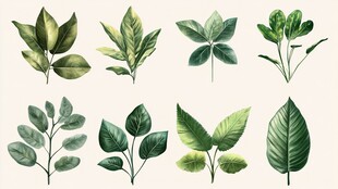 手绘清新多样绿植叶片集