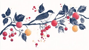 枝头鸟儿与果实的诗意画面
