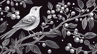 枝头小鸟与浆果黑白插画