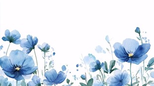 蓝色花卉边框水彩插画