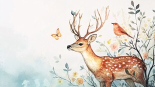 梦幻小鹿与花鸟的自然图景
